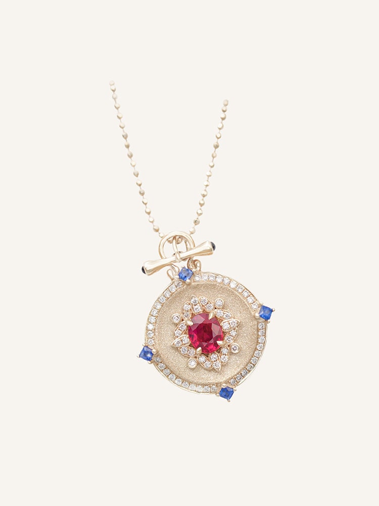 Royal Blue Sapphire Emerald 18K Gold Coin Necklace