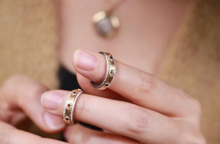 Ruby & Blue Sapphire Ring with Diamonds in 18K Yellow Gold
