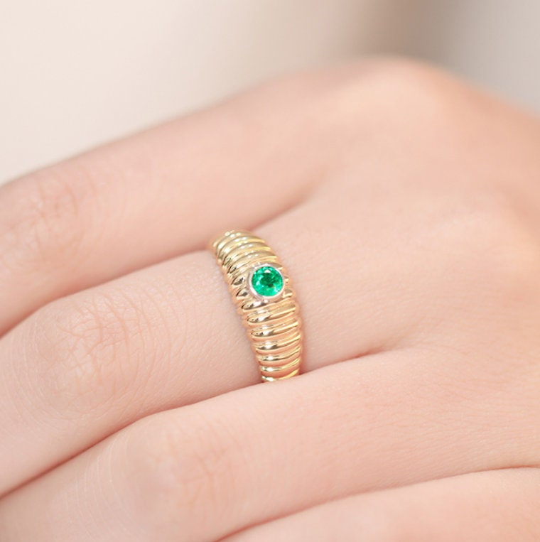 3 Style + Emerald Art Deco 18K Gold Byzantine Ring