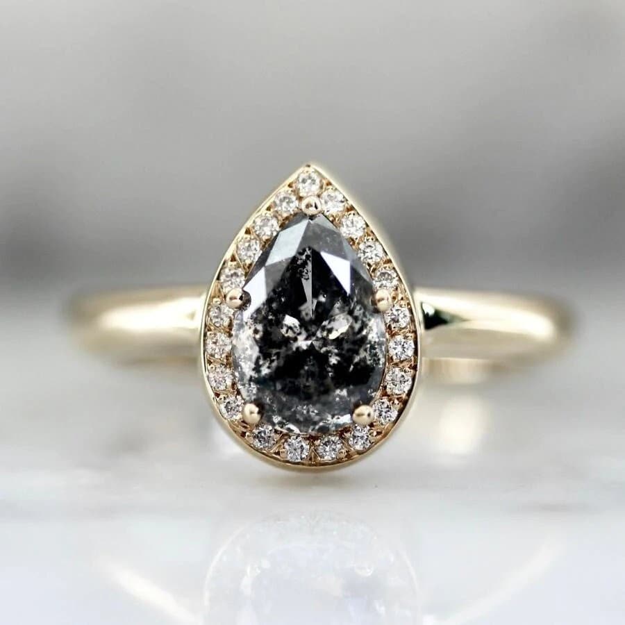 Halo Salt & Pepper Pear Cut 18K Yellow Gold Engagement Ring