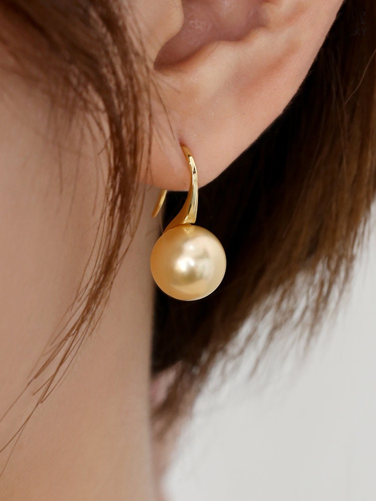 10-12mm South Sea Golden Pearl 18K Gold Hook Earrings