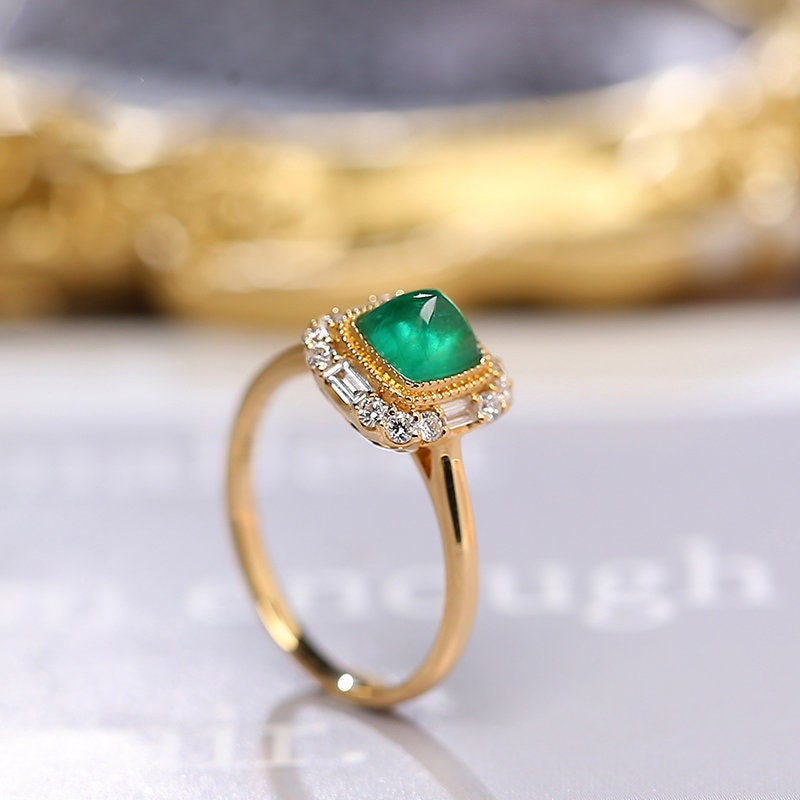 Sugarloaf Emerald Halo Diamond 18K Yellow Gold Ring