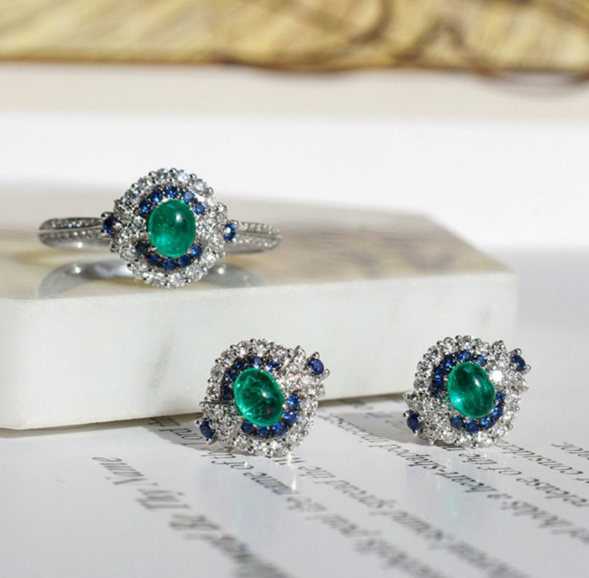 Cabochon Emerald & Sapphire Diamond Ring in 18K White Gold