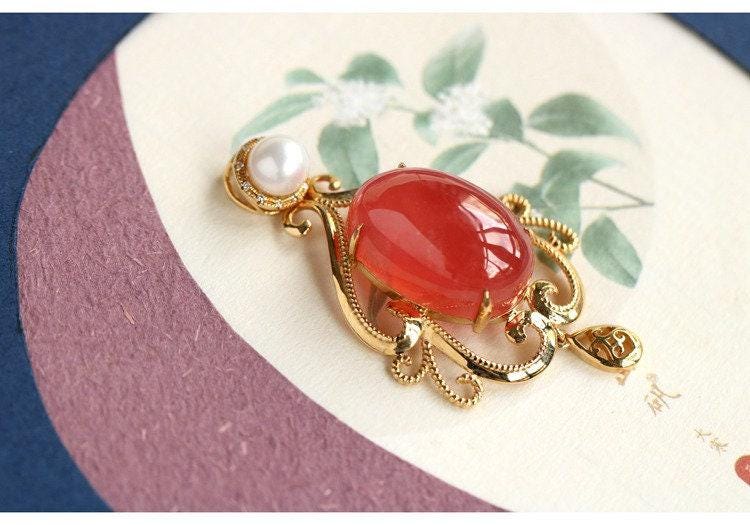 Rhodochrosite & Pearl Necklace in 18K Yellow Gold