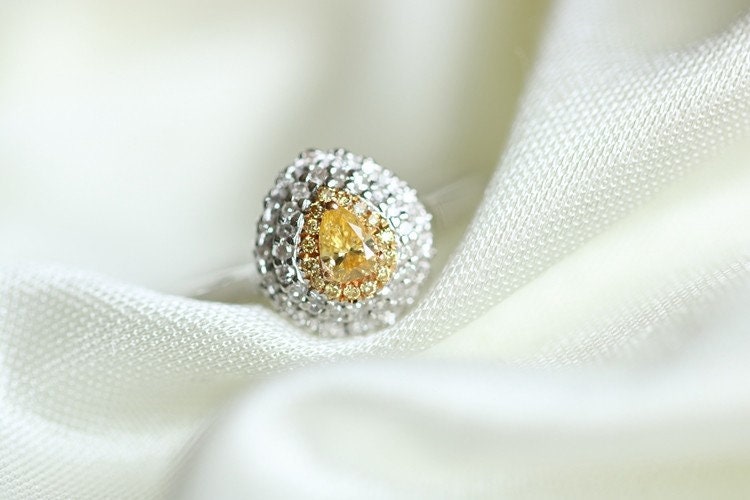 Fancy Yellow Diamonds Double Halo Teardrop Ring - 18K Yellow Gold