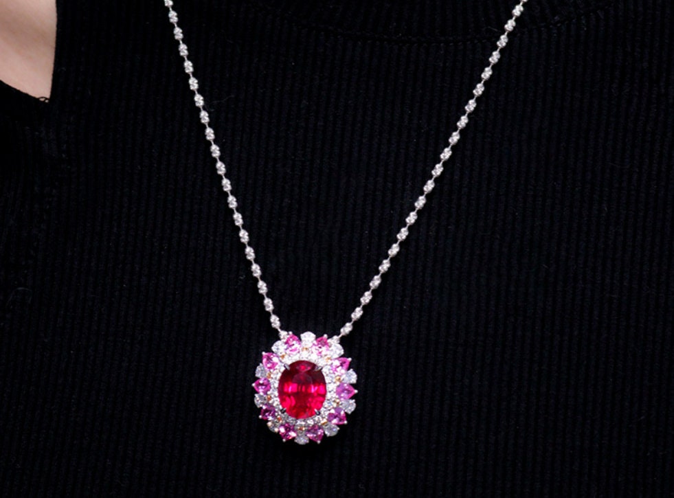7.56ct Rubellite & Diamonds Ring Necklace Set in 18K White Gold