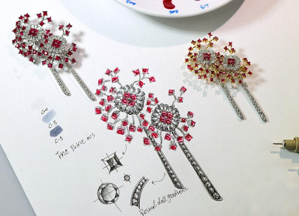 Red Pink Spinel Square Cut & Diamond Brooch in 18K Gold