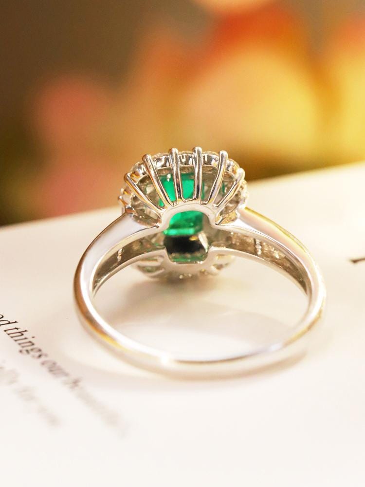 Emerald & Diamond Halo Pave Ring in 18K White Gold