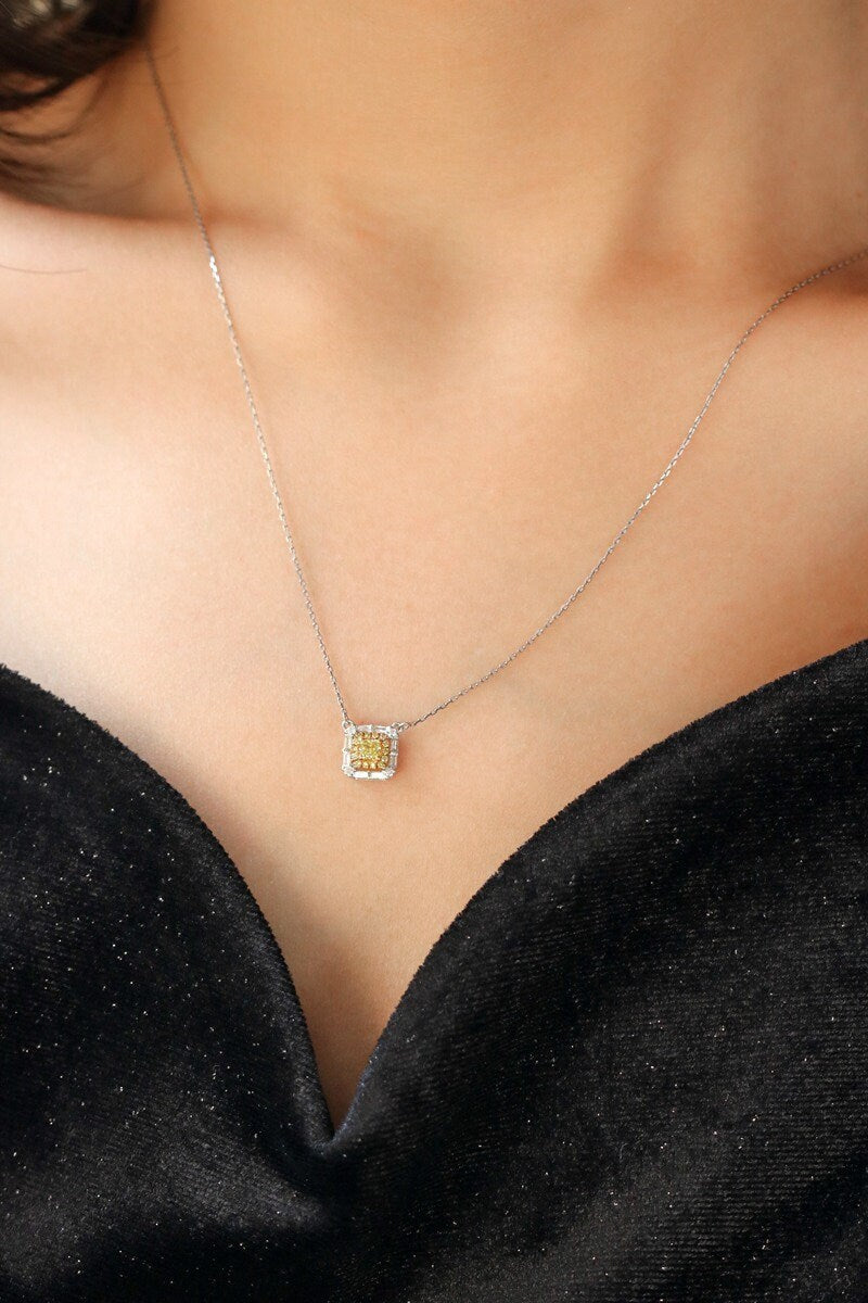 Fancy Yellow Diamonds Square Cut Necklace in 18K White Gold