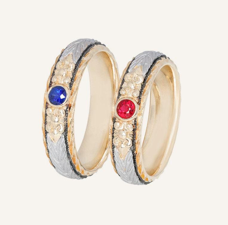 Blue Sapphire Ruby Wedding Platinum 950 Engraved Ring