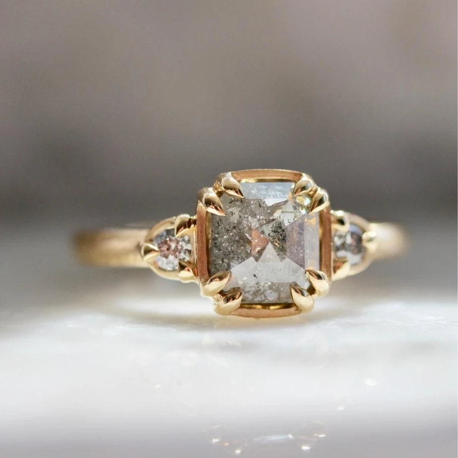 1.3ct Emerald Cut Salt and Pepper Diamond 18K Gold Engagement Ring