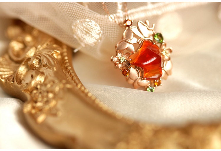 1.78ct Fire Opal Tsavorite Butterfly Necklace - 18K Rose Gold