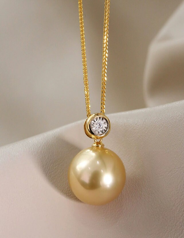 14mm South Sea Golden Pearl & Diamond Necklace in 18K Gold