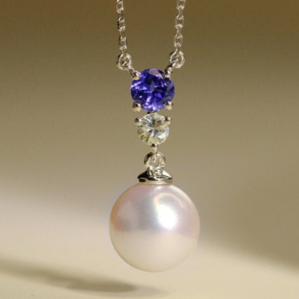 Blue Tanzanite & 8mm Akoya Pearl Necklace in 18K White Gold