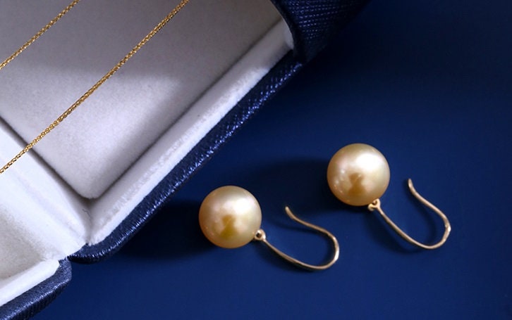 Huge 13mm South Sea Golden Pearl French Wire Earrings in 18K Gold