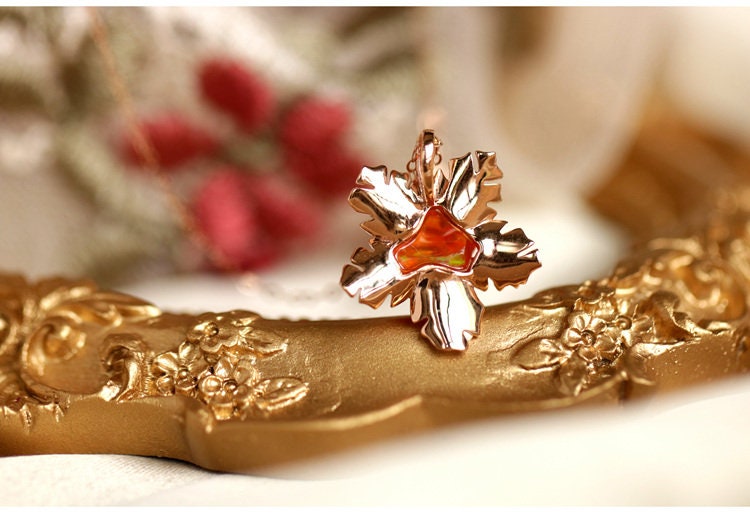 Leaf Design 1.98ct Fire Opal Diamond 18K Rose Gold Necklace