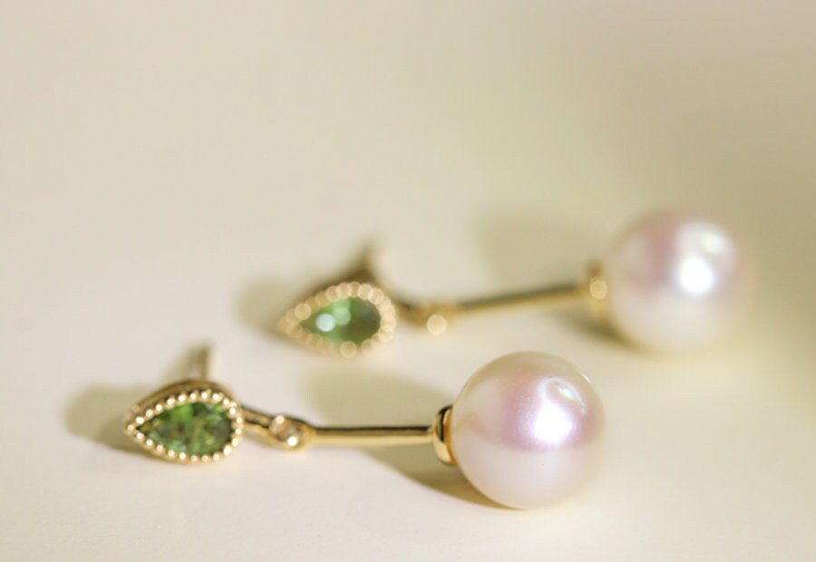 Mint Tourmaline & 7.5mm Akoya Pearl Earrings - 18K Yellow Gold