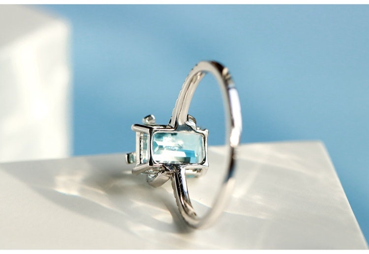 Aquamarine Diamond Ring - Emerald Cut 18K White Gold Bow Ring