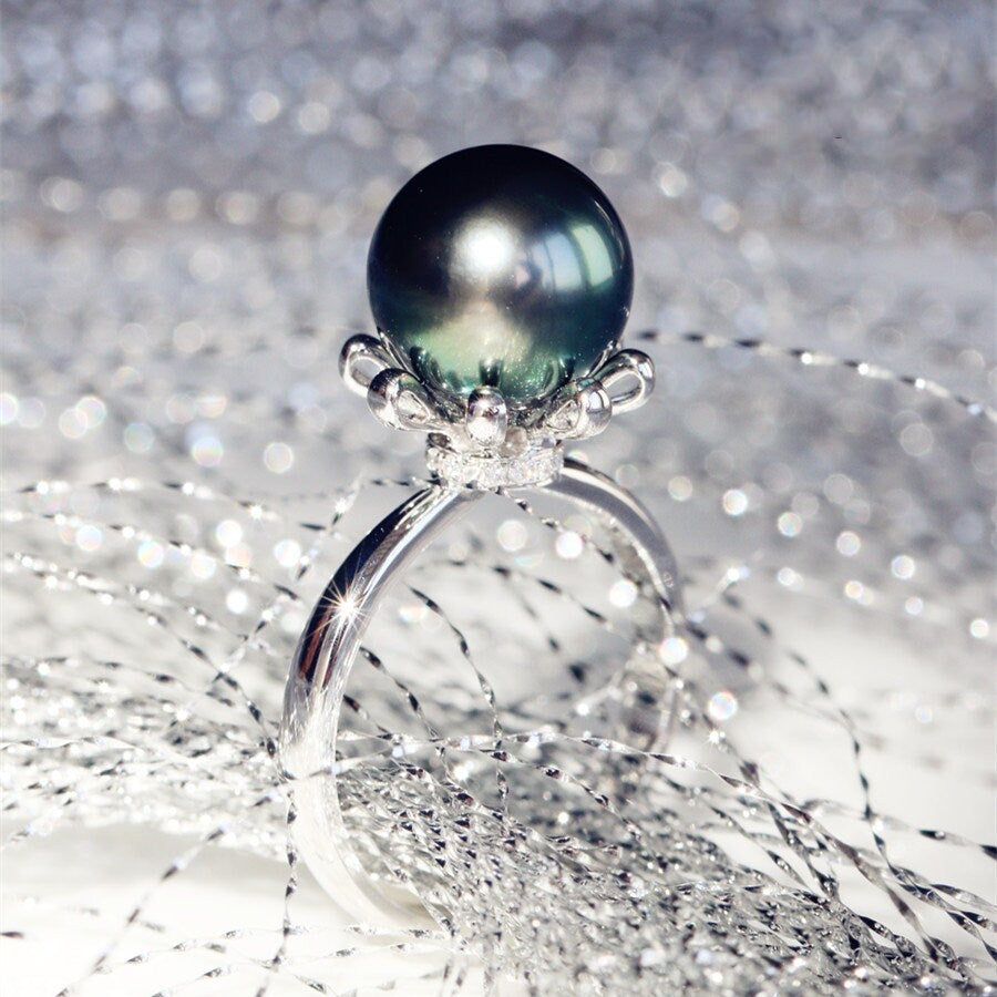 Tahitian Pearls 9-12mm & Diamond Ring in 18K White Gold