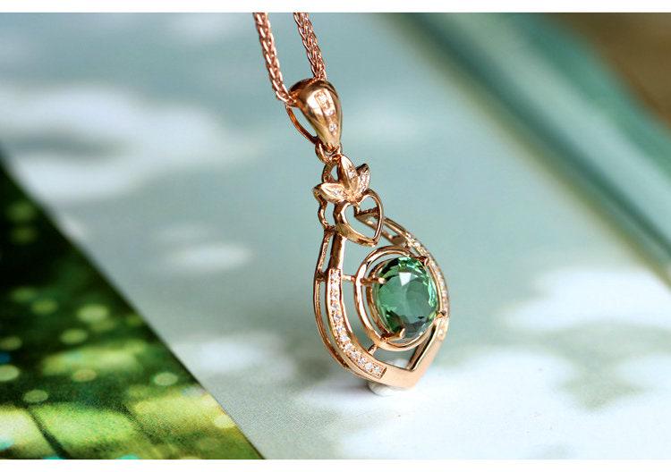 1.83ct Green Tourmaline & Diamond Free Form Pendant - 18K Yellow Gold