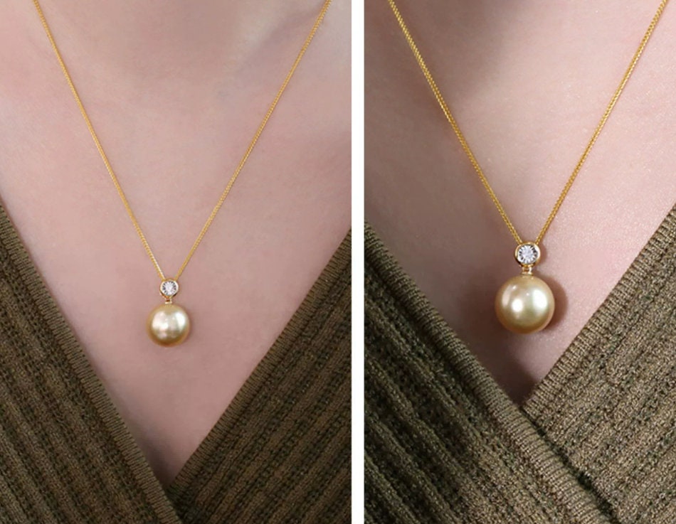 14mm South Sea Golden Pearl & Diamond Necklace in 18K Gold