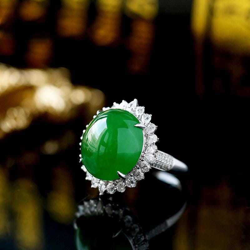 Huge Green Jade Cabochon Halo Diamonds 18K Ring & Necklace
