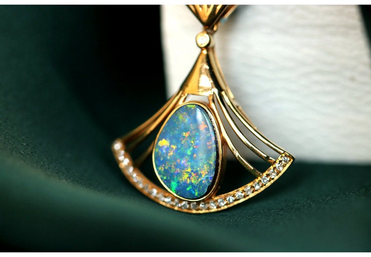 Blue Opal Diamond Fan Shape Pendant - 18K Yellow Gold