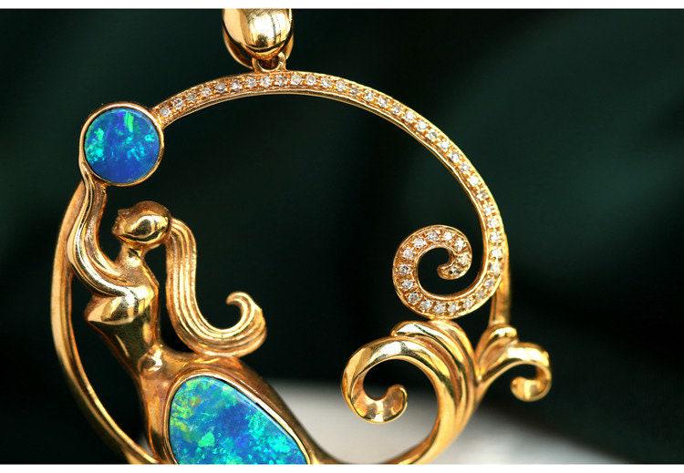 Australia Blue Opal & Diamond Pendant in 18K Yellow Gold