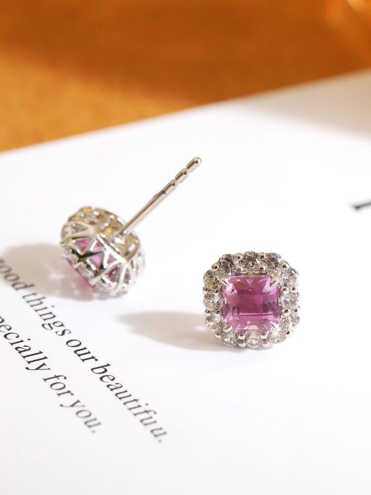 Padparadscha Sapphire & Diamond Halo Earrings - Platinum 950