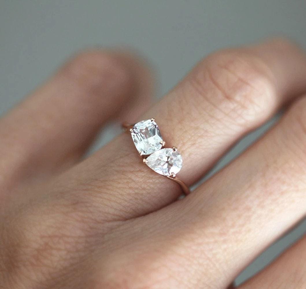 White Sapphire Two Stone Engagement Ring - 18K Rose Gold