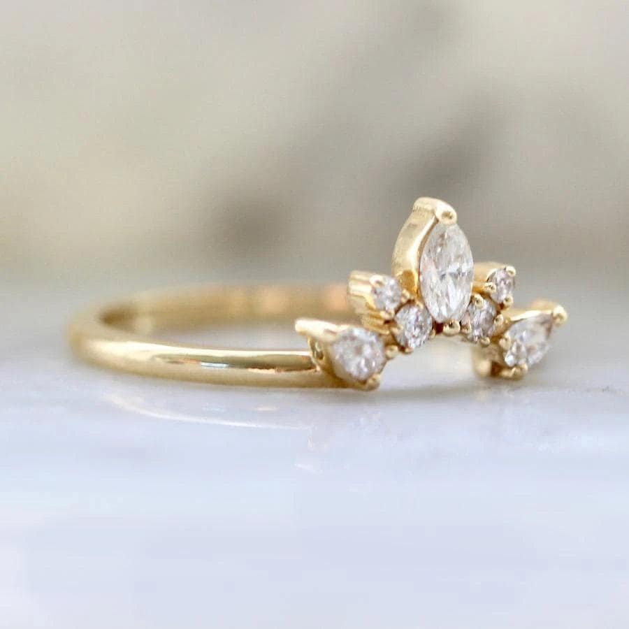 Curved Marquise Cut Diamond Ring - 14K Gold Chevron Band