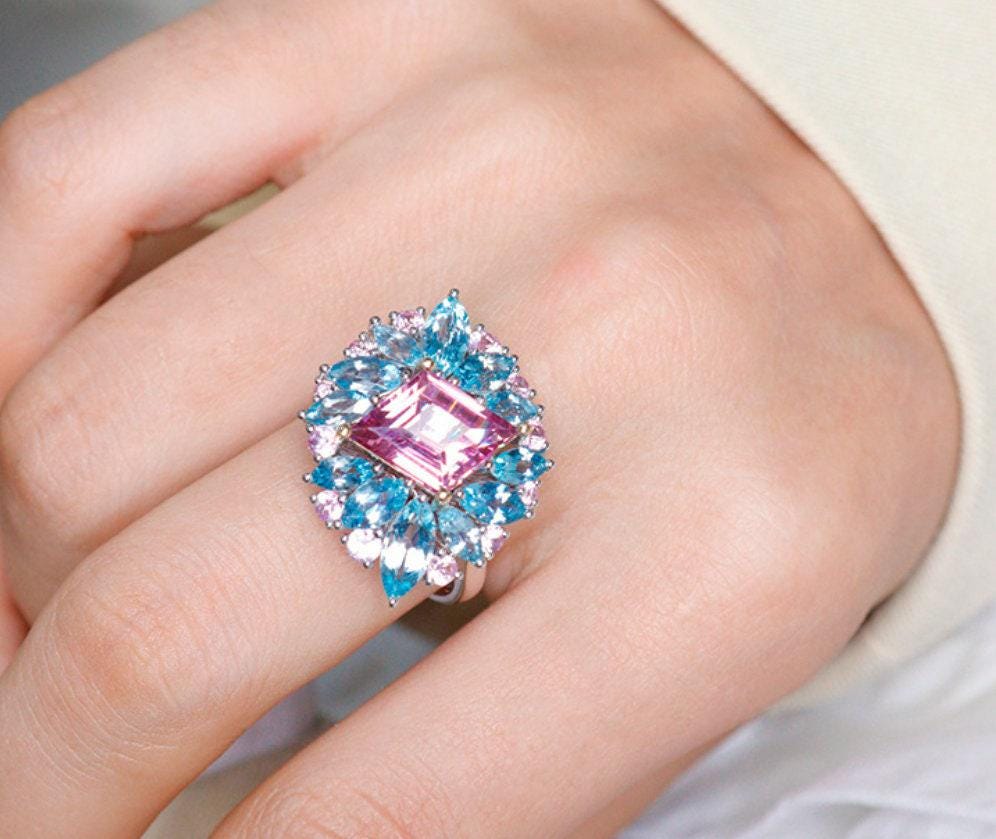 Pink Purple Spinel Kite Cut & Aquamarine 18K Cluster Ring