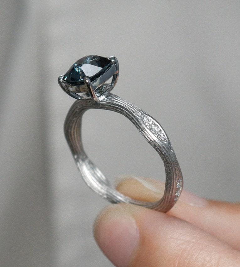 Blue Grey Spinel 18K White Gold Engraved Ring