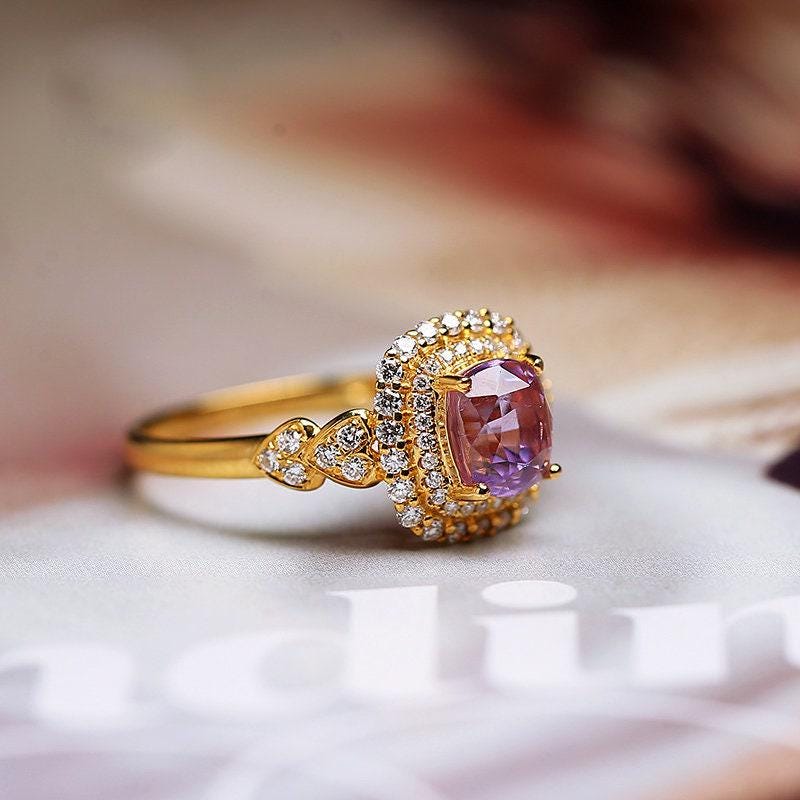 1.17ct Purple Violet Spinel Cushion Ring with Diamond in 18K Gold