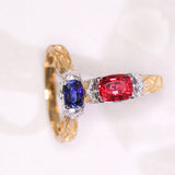 Red Spinel Hammered 18k Gold Horizontal Stone Ring with Blue Sapphire