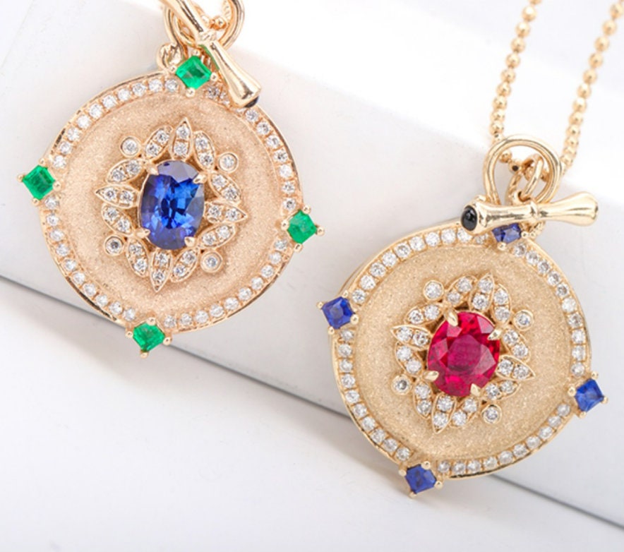 Royal Blue Sapphire Emerald 18K Gold Coin Necklace