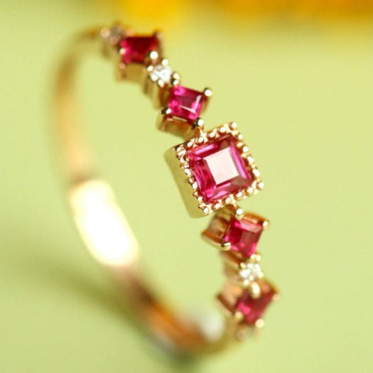Five Ruby Square Cut Ring - 18K Yellow Gold