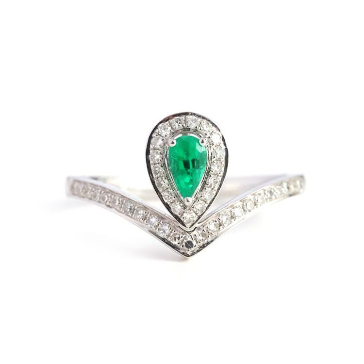 Emerald Teardrop Chevron Stackable Ring in Platinum 950