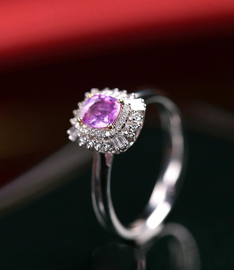 Double Halo Purple Spinel 18K Ring Set with Diamond