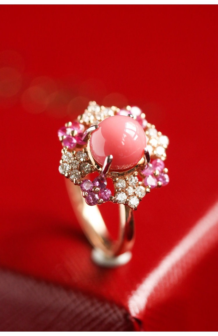 7mm Pink Coral Sphere & Diamond Ring in 18K Yellow Gold