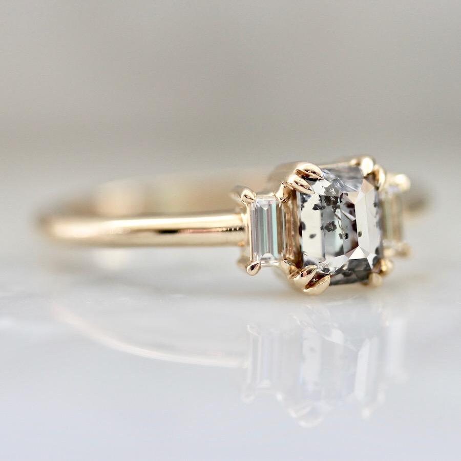 Emerald Cut Salt and Pepper Diamond 18K Gold Engagement Ring