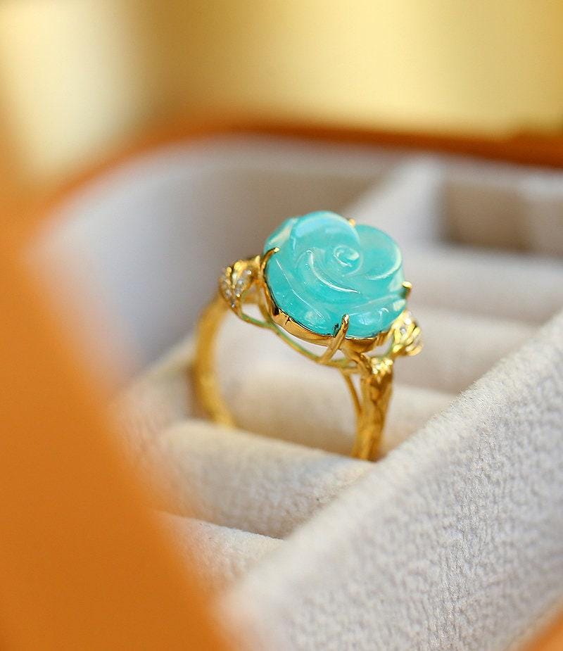 5A Amazonyte Rose Shape & Diamond 18K Yellow Gold Ring