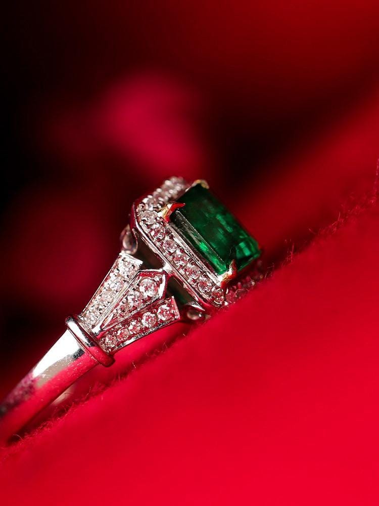 Emerald Platinum 950 Ring with Halo White Diamonds