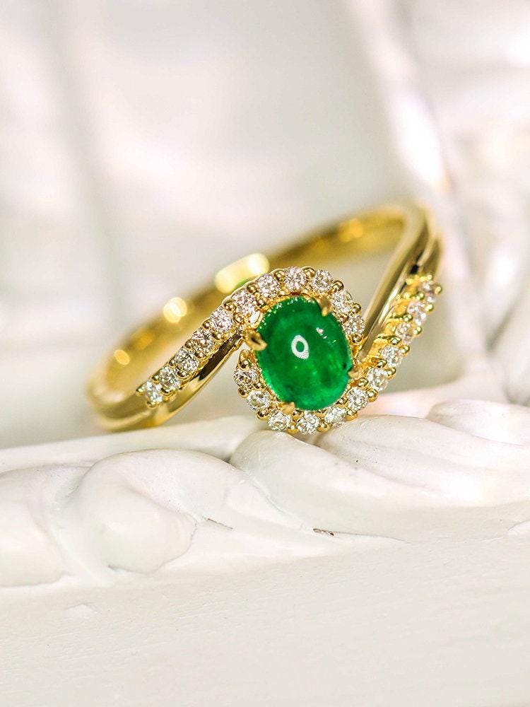 Cabochon Emerald & Diamond Bypass Ring in 18K Yellow Gold