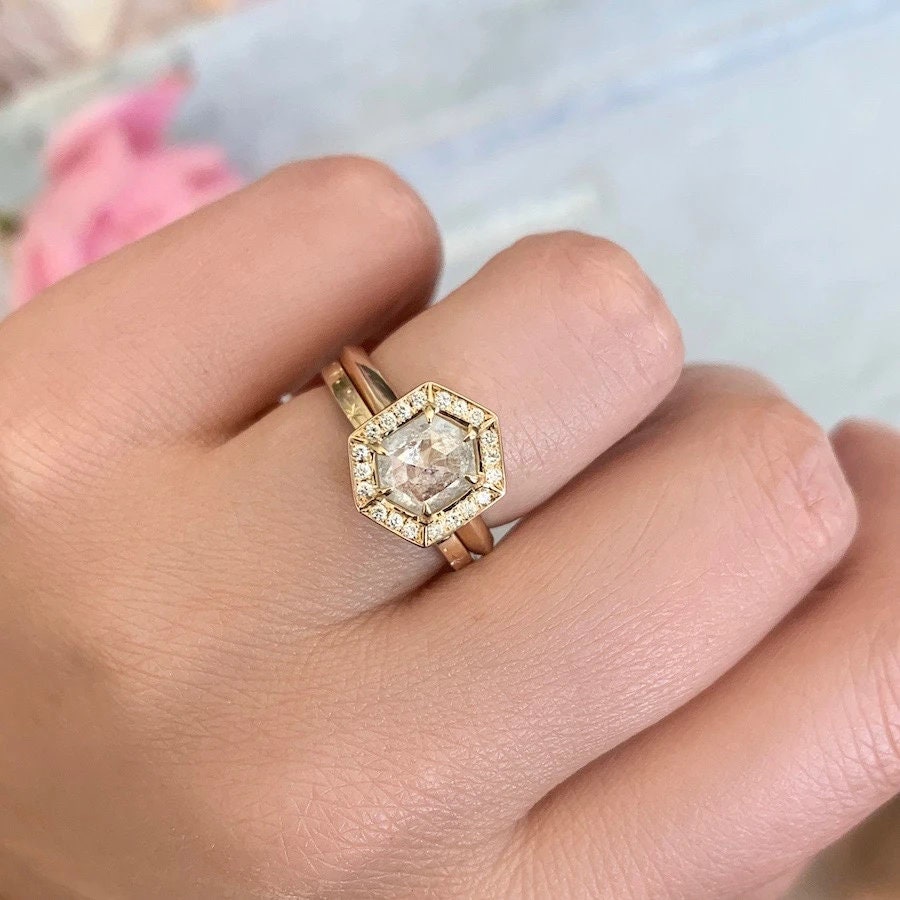 Hexagonal Salt & Pepper Milky Diamond Ring in 18K Yellow Gold