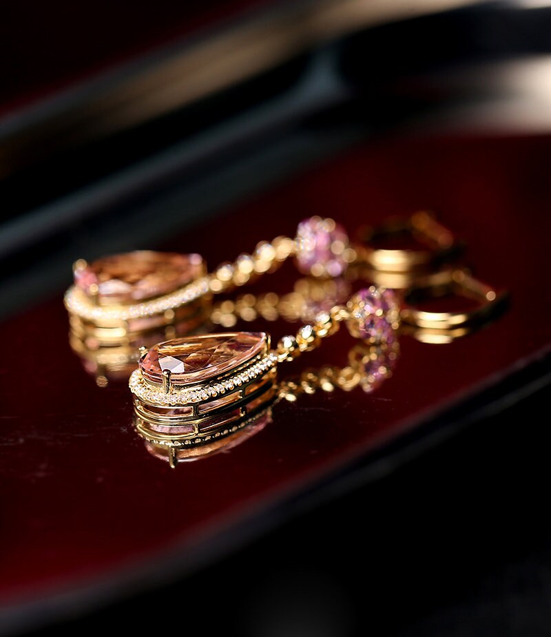 Pink Morganite Teardrop Hoop Earrings in 18K Yellow Gold
