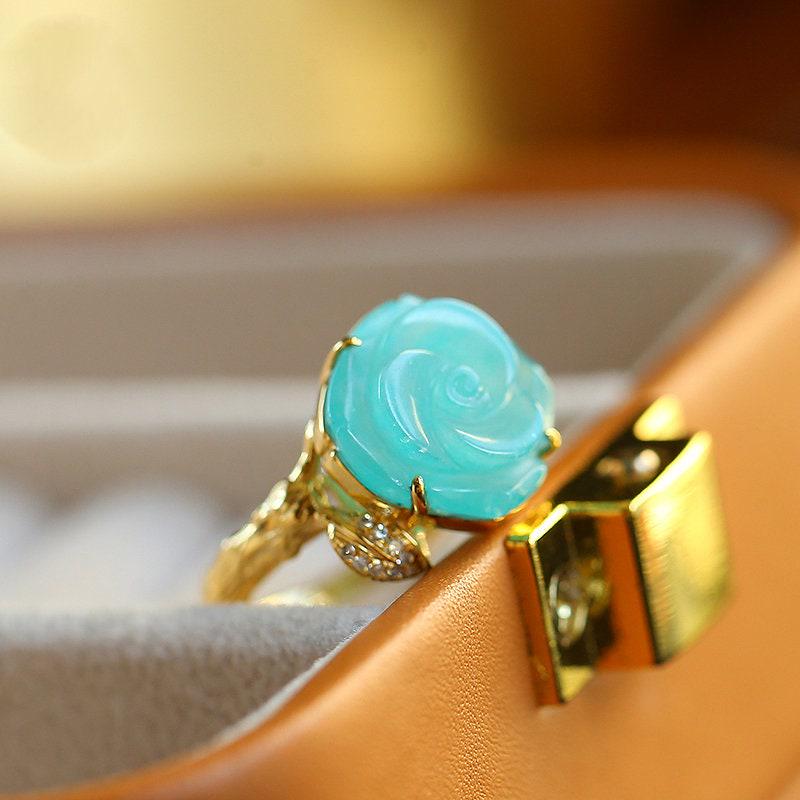 5A Amazonyte Rose Shape & Diamond 18K Yellow Gold Ring