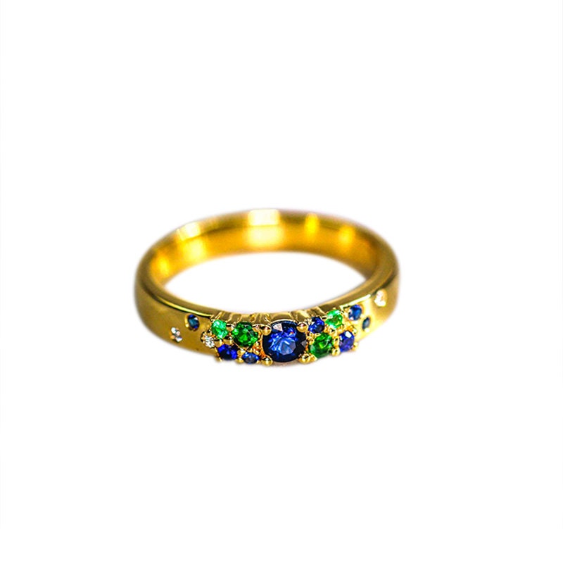 Blue Sapphire Tsavorite Cluster Band Ring in 18K Yellow Gold