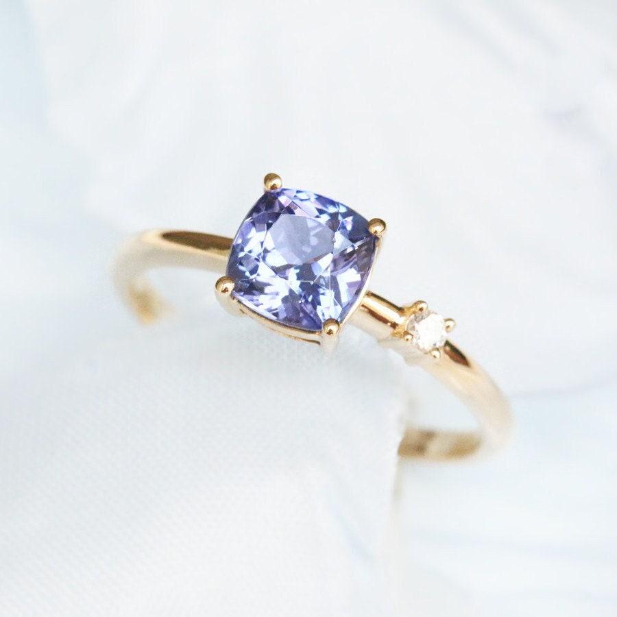 Cushion Tanzanite & Diamond Ring in 18K Yellow Gold