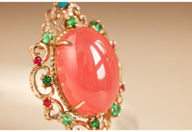 24.5ct Rhodochrosite Teardrop & Tourmaline Pendant in 18K Yellow Gold